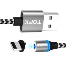 Кабель USB - Lightning 1м магнітний для iPhone, до 2.4А, нейлон, TOPK