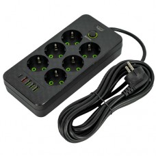 Мережевий фільтр подовжувач 5м 6 розеток та 5 USB QC PD 10А 2.5кВт EU-2506PD Мережевий фільтр подовжувач 5м 6 розеток та 5 USB QC PD 10А 2.5кВт EU-2506PD