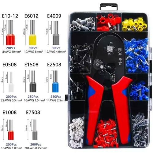 Набір для обтиску наконечників, кримпер 0.25-10мм2 HSC8 6-4A та 1200шт клем, кейс, 107938