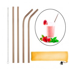 Набір металевих соломинок 4шт, еко трубочки для напоїв, рожеве золото.