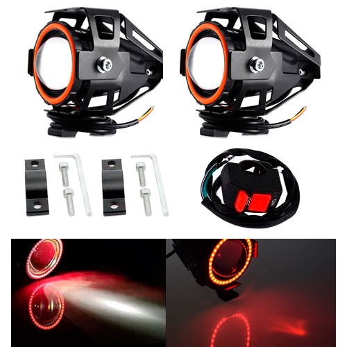 Фари прожектори для мотоцикла U7 LED 12В 3000лм Angel Eyes червоні і кнопка, 100356
