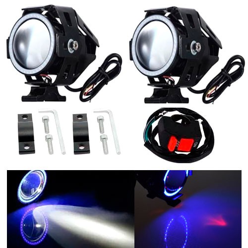 Фари прожектори для мотоцикла U7 LED 12В 3000лм Angel Eyes сині і кнопка, 100357