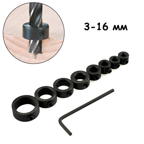 Обмежувачі глибини свердління для свердел 8шт 3-16мм занурення, 101029